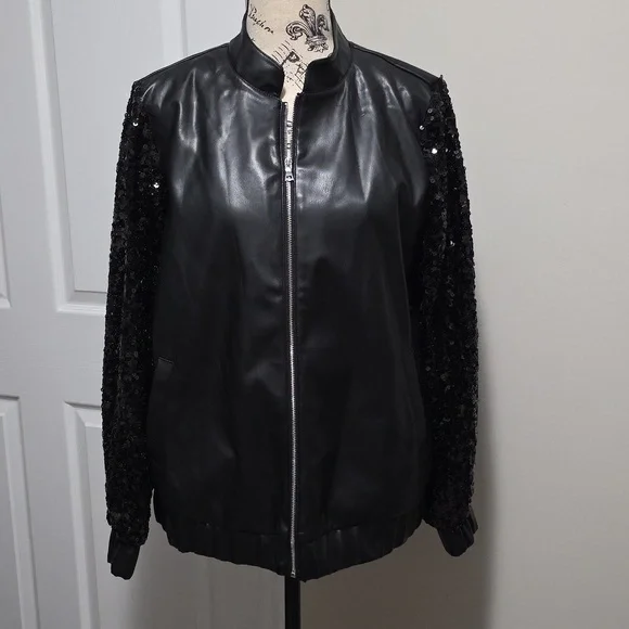 Colleen Lopez Sequin Sleeve Faux Leather Bomber Jacket Coat Small Black - Picture 6 of 9